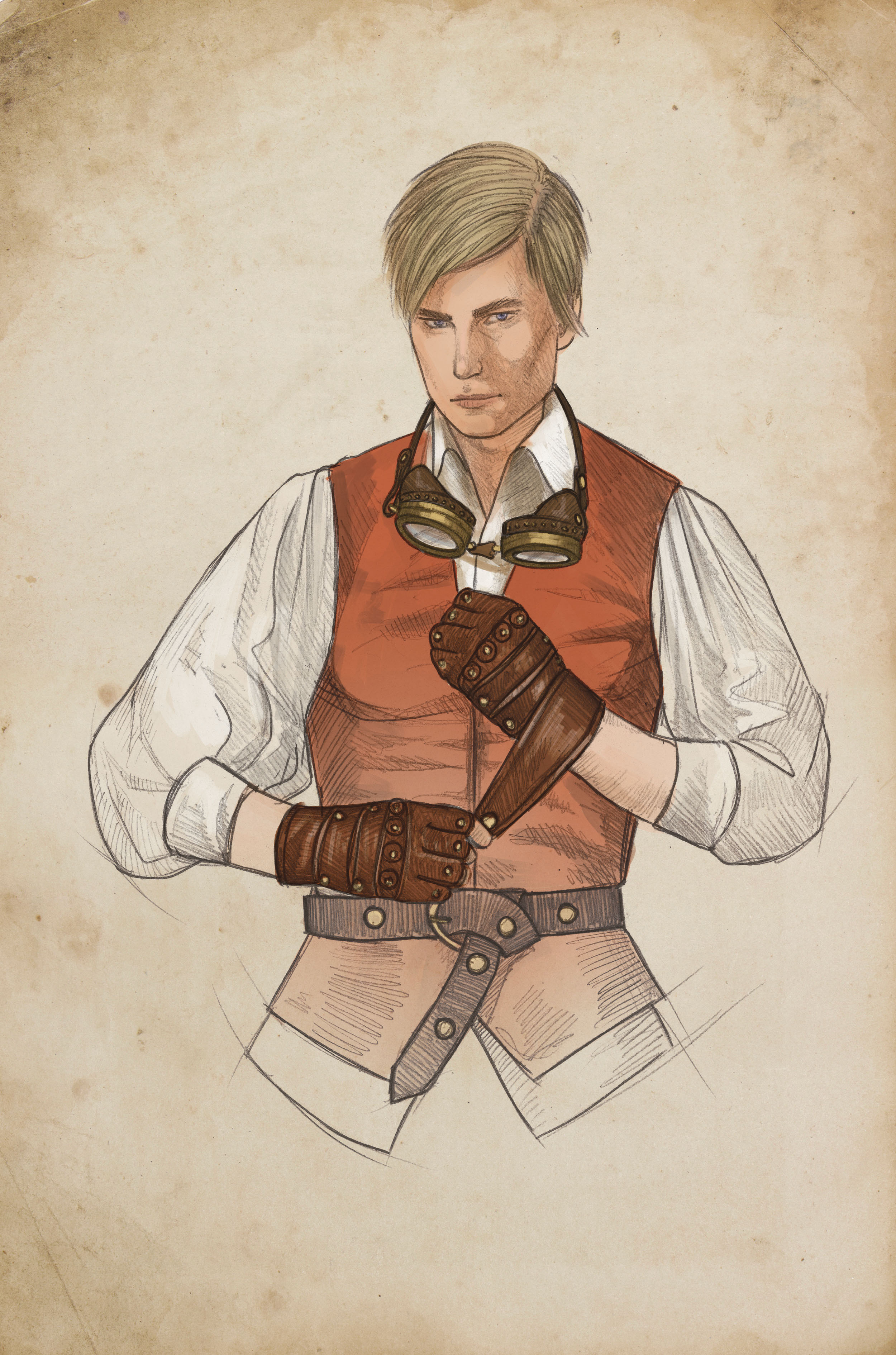 An illustration of a person in a red waistcoat with googles around their neck fastening a pair of studded leather gloves onto their hands