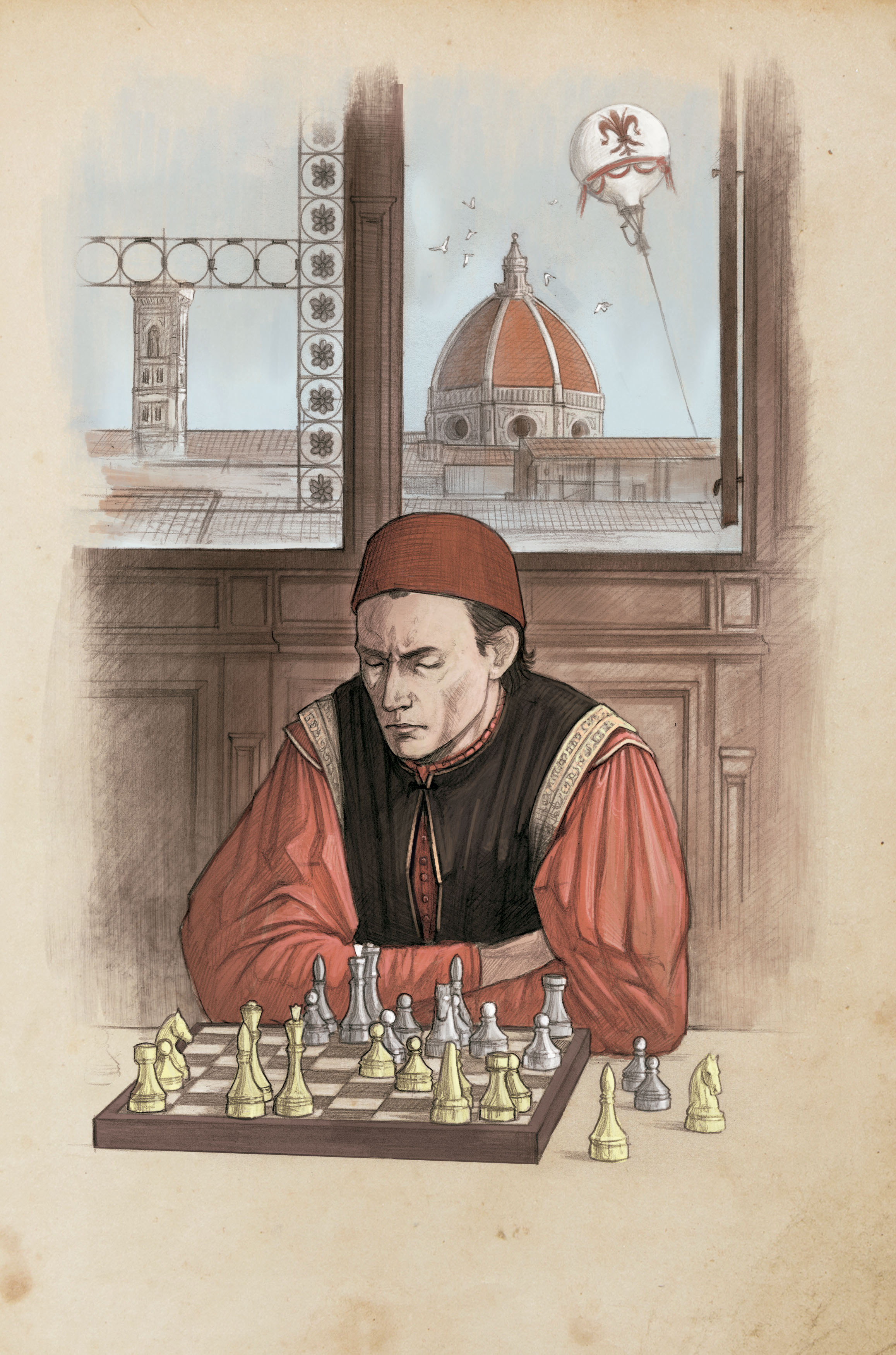 Illustration of Machiavelli playing a game of chess in front of a window showing the roofscape of Florence with a hot air balloon floating in the sky